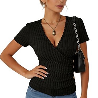Women’s Short Sleeve V Neck Wrap Slim Fitted Soft Top, Dressy Casual Work Vacation Blouse