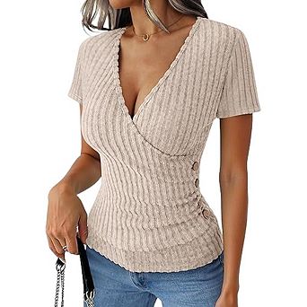 Women’s Short Sleeve V Neck Wrap Slim Fitted Soft Top, Dressy Casual Work Vacation Blouse