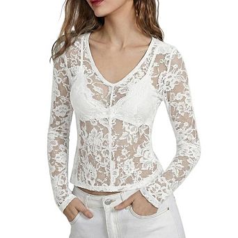 Women’s Lace Mesh See Through Tee V Neck Long Sleeve Club Night Party Trendy Blouse