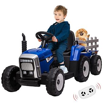 12V Children's Electric Tractor with Trailer, 2 Driving Modes, 3 Speeds, LED Headlights, Blue