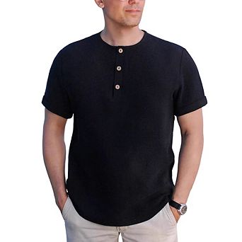 Men's Crinkled Textured Henley Short Sleeve Shirt 3 Button Summer Casual Curved Hem Tee