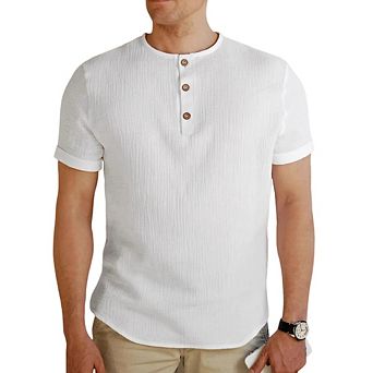 Men's Crinkled Textured Henley Short Sleeve Shirt 3 Button Summer Casual Curved Hem Tee