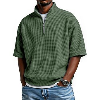 Men's Half Zip Waffle Knit Short Sleeve Polo Shirt Oversized Loose Stand Collar Casual Summer Top