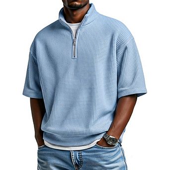 Men's Half Zip Waffle Knit Short Sleeve Polo Shirt Oversized Loose Stand Collar Casual Summer Top