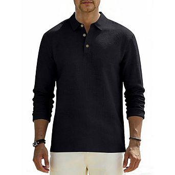 Men's Textured Linen Look Long Sleeve Polo Shirt Classic Collar 3 Button Regular Fit Casual Top