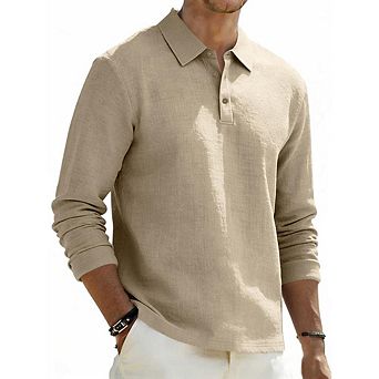 Men's Textured Linen Look Long Sleeve Polo Shirt Classic Collar 3 Button Regular Fit Casual Top