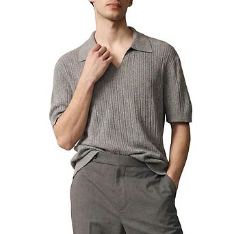 Men's Ribbed Knit Short Sleeve Polo Shirt Notch V Collar Slim Fit Casual Stretch Knit Top