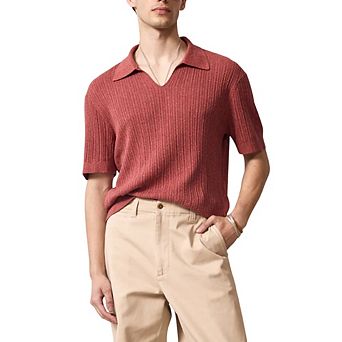 Men's Ribbed Knit Short Sleeve Polo Shirt Notch V Collar Slim Fit Casual Stretch Knit Top