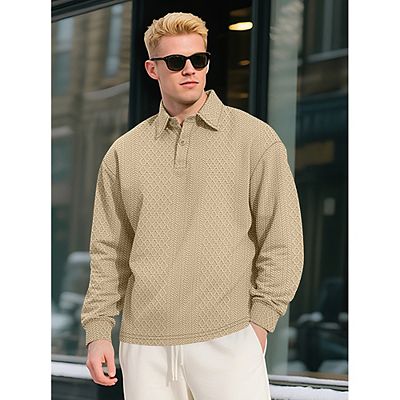 Men's Textured Jacquard Long Sleeve Polo Shirt Classic Collar Half