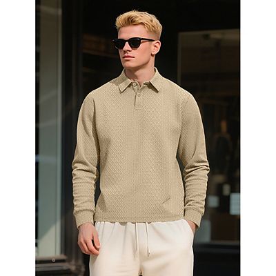 Men's Textured Jacquard Long Sleeve Polo Shirt Classic Collar Half