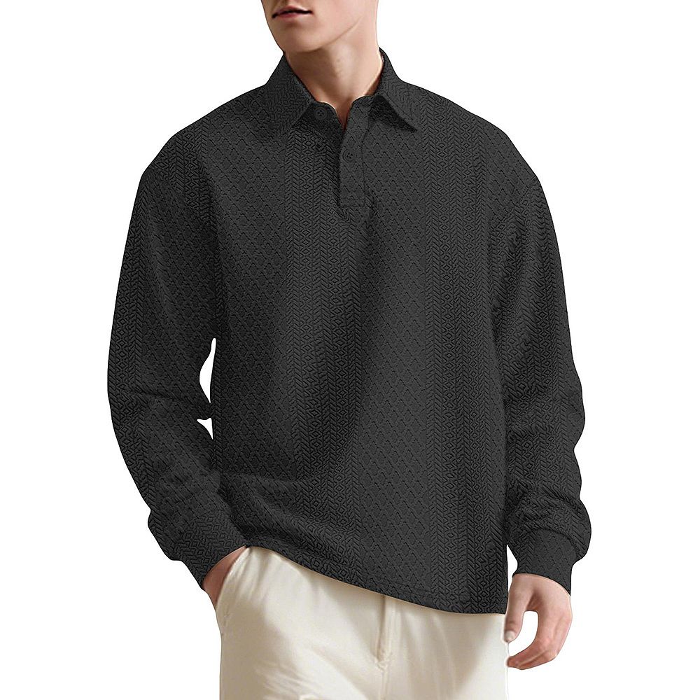 Men's Textured Jacquard Long Sleeve Polo Shirt Classic Collar Half