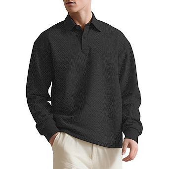 Men's Textured Jacquard Long Sleeve Polo Shirt Classic Collar Half Button Casual Loose Fit Top