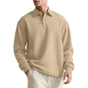 Men's Textured Jacquard Long Sleeve Polo Shirt Classic Collar Half Button Casual Loose Fit Top