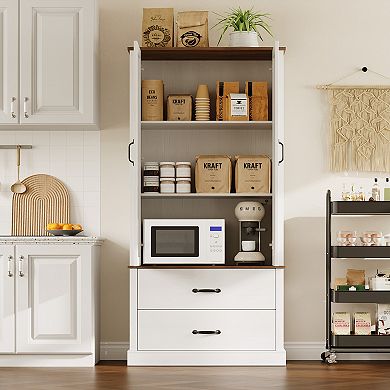 Barn Door Pantry Cabinet 65" Tall Kitchen Storage with Drawer & Adjustable Shelves