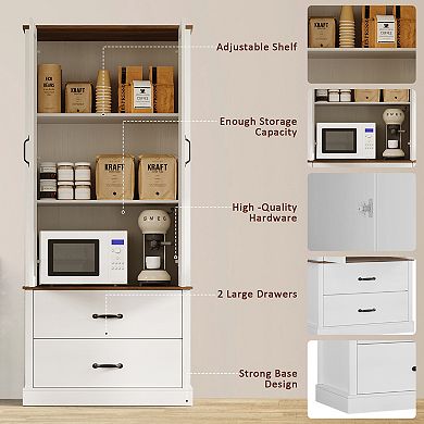 Barn Door Pantry Cabinet 65" Tall Kitchen Storage with Drawer & Adjustable Shelves