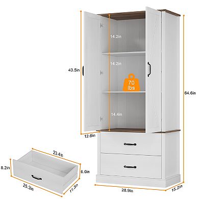 Barn Door Pantry Cabinet 65" Tall Kitchen Storage with Drawer & Adjustable Shelves