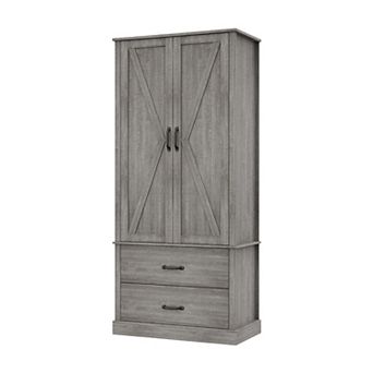 Barn Door Pantry Cabinet 65" Tall Kitchen Storage with Drawer & Adjustable Shelves