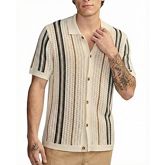 Men's Striped Open Knit Short Sleeve Polo T-Shirt Button Front Casual Retro Knit Cardigan