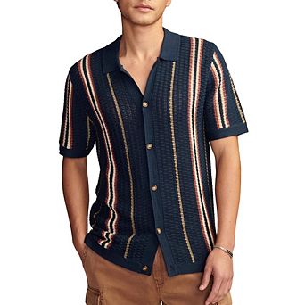 Men's Striped Open Knit Short Sleeve Polo T-Shirt Button Front Casual Retro Knit Cardigan