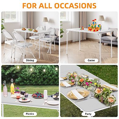 Modern Rectangular Folding Table for Indoor Outdoor, PU Leather Tabletop, Metal Legs Support