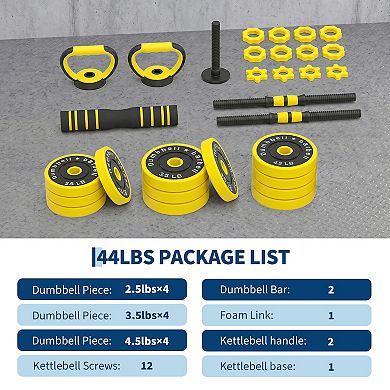 44 LB 4-in-1 Dumbbell & Barbell Set Adjustable Kettlebell & Pull-Up Stand Included