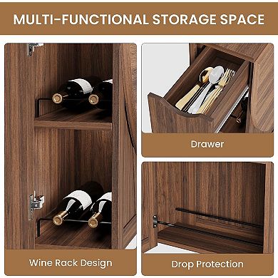 Folding Dining Table with Wine Rack & Cup Holder 3-in-1 Oval Drop Leaf Table on Lockable Casters