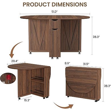 Folding Dining Table with Wine Rack & Cup Holder 3-in-1 Oval Drop Leaf Table on Lockable Casters