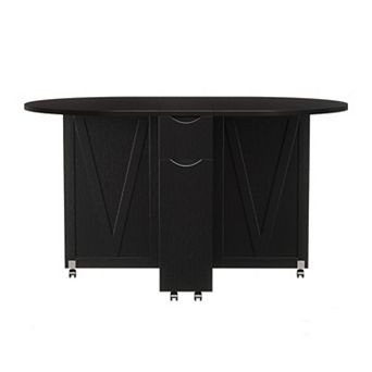 Folding Dining Table with Wine Rack & Cup Holder 3-in-1 Oval Drop Leaf Table on Lockable Casters