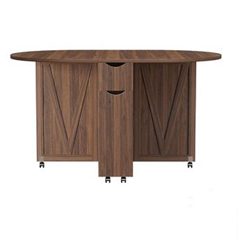 Folding Dining Table with Wine Rack & Cup Holder 3-in-1 Oval Drop Leaf Table on Lockable Casters