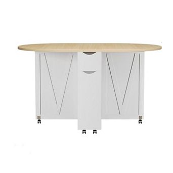 Folding Dining Table with Wine Rack & Cup Holder 3-in-1 Oval Drop Leaf Table on Lockable Casters