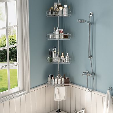 Tension Pole Shower Organizer with 4 Adjustable Shelves, Corner Shower Caddy for Bathroom