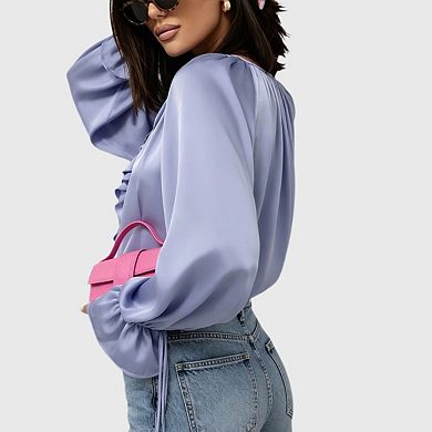 Womens Ruffle V Neck Satin Blouse Lantern Long Sleeve Oversized Drawstring Silk Shirt