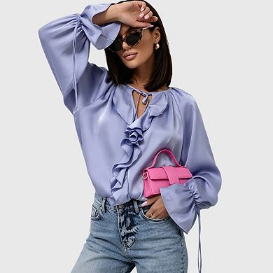 Womens Ruffle V Neck Satin Blouse Lantern Long Sleeve Oversized Drawstring Silk Shirt