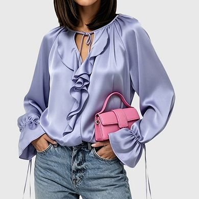 Womens Ruffle V Neck Satin Blouse Lantern Long Sleeve Oversized Drawstring Silk Shirt