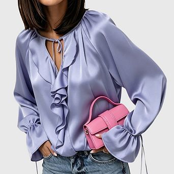 Womens Ruffle V Neck Satin Blouse Lantern Long Sleeve Oversized Drawstring Silk Shirt