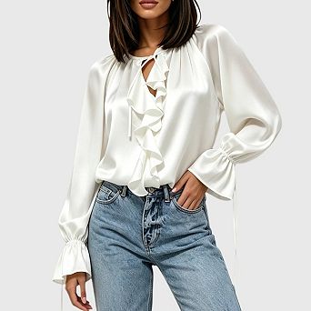 Womens Ruffle V Neck Satin Blouse Lantern Long Sleeve Oversized Drawstring Silk Shirt