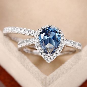 Gorgeous 2Pcs/Set Blue Aquamarine Water Drop Cubic Zirconia Ring