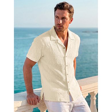 Men's Textured Shirt Short Sleeve Button Down Lightweight Jacquard Summer Beach Shirts