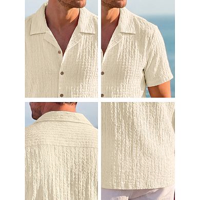 Men's Textured Shirt Short Sleeve Button Down Lightweight Jacquard Summer Beach Shirts