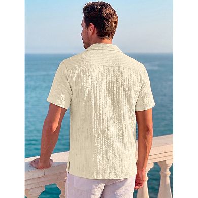 Men's Textured Shirt Short Sleeve Button Down Lightweight Jacquard Summer Beach Shirts