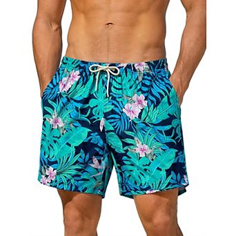 Men's Summer Tropical Leaf Print Lined Drawstring Swimming Beach Shorts