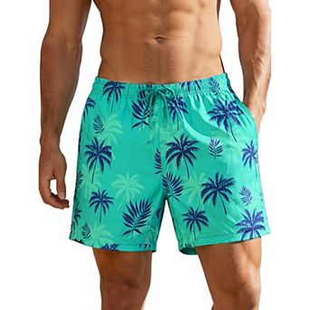 Men's Summer Tropical Leaf Print Lined Drawstring Swimming Beach Shorts