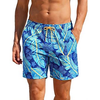 Men's Summer Tropical Leaf Print Lined Drawstring Swimming Beach Shorts