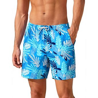 Men's Summer Tropical Leaf Print Lined Drawstring Swimming Beach Shorts