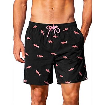 Men's Drawstring Elastic Waistband Liner Printed Hawaiian Swim Board Shorts