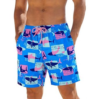 Men's Drawstring Elastic Waistband Liner Printed Hawaiian Swim Board Shorts