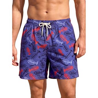 Men's Drawstring Elastic Waistband Liner Printed Hawaiian Swim Board Shorts