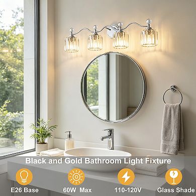 POWLIG 34.8" 4-Light Dimmable Vanity Light, Bathroom Transitional Fixture with Crystal Shades