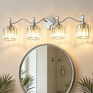 POWLIG 34.8" 4-Light Dimmable Vanity Light, Bathroom Transitional Fixture with Crystal Shades
