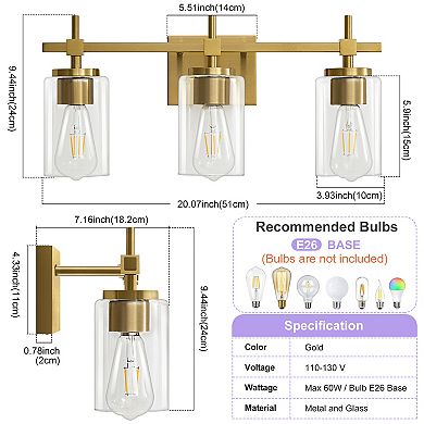 POWLIG 3-Light Vanity Light, 20 inch Modern Bathroom or Bedroom Mirror Light With Glass Shade